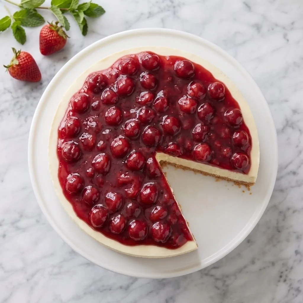 Slice of Philadelphia No-Bake Cheesecake on a plate topped with berry sauce