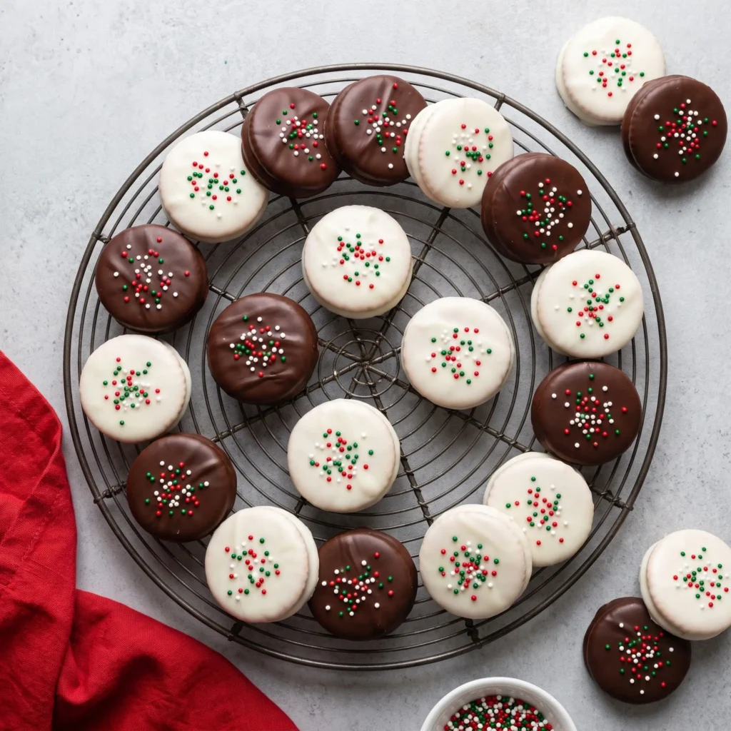 Ritz Cracker Cookies dipped in white and dark chocolate topped with sprinkles on a plate