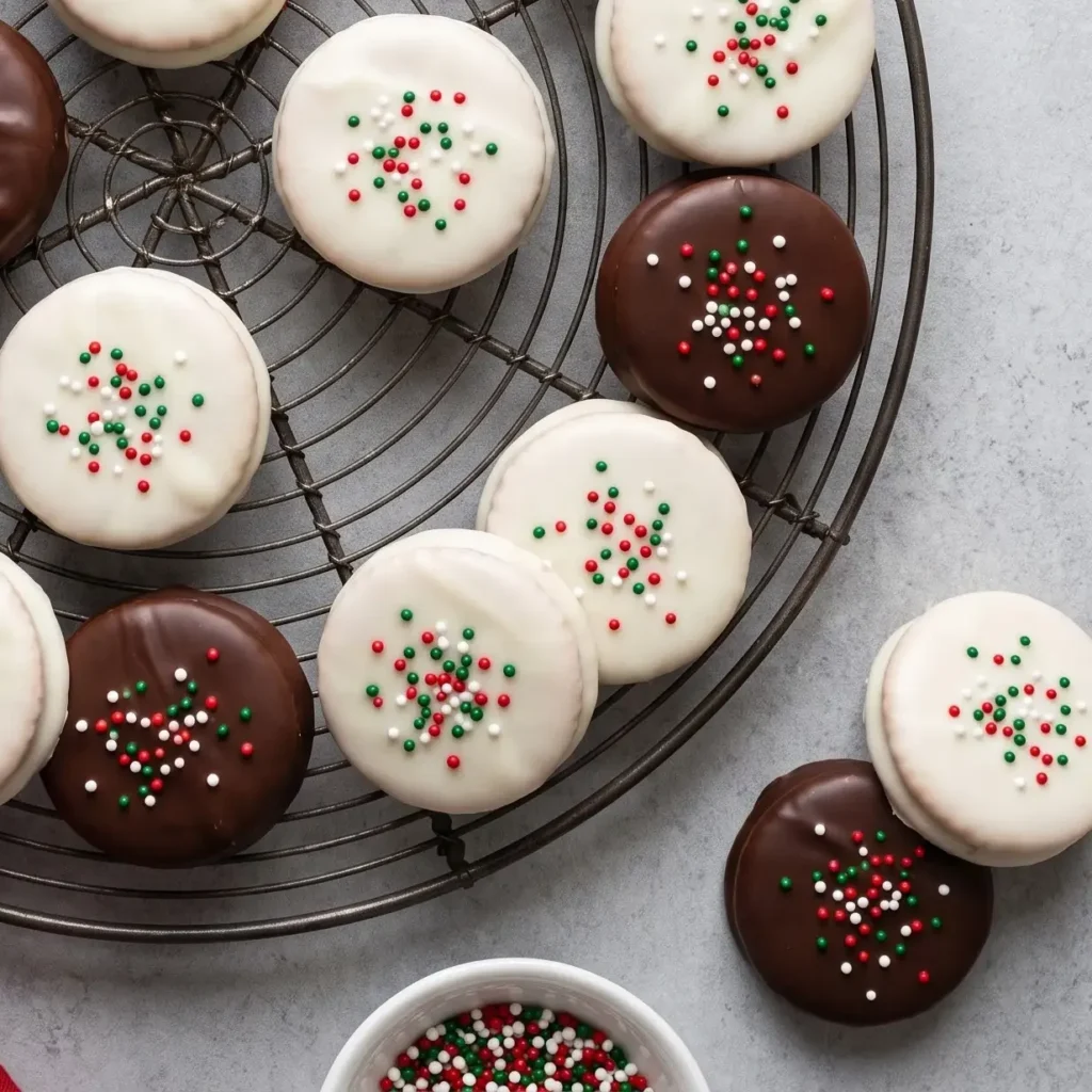 Ritz Cracker Cookies dipped in white and dark chocolate topped with sprinkles on a plate