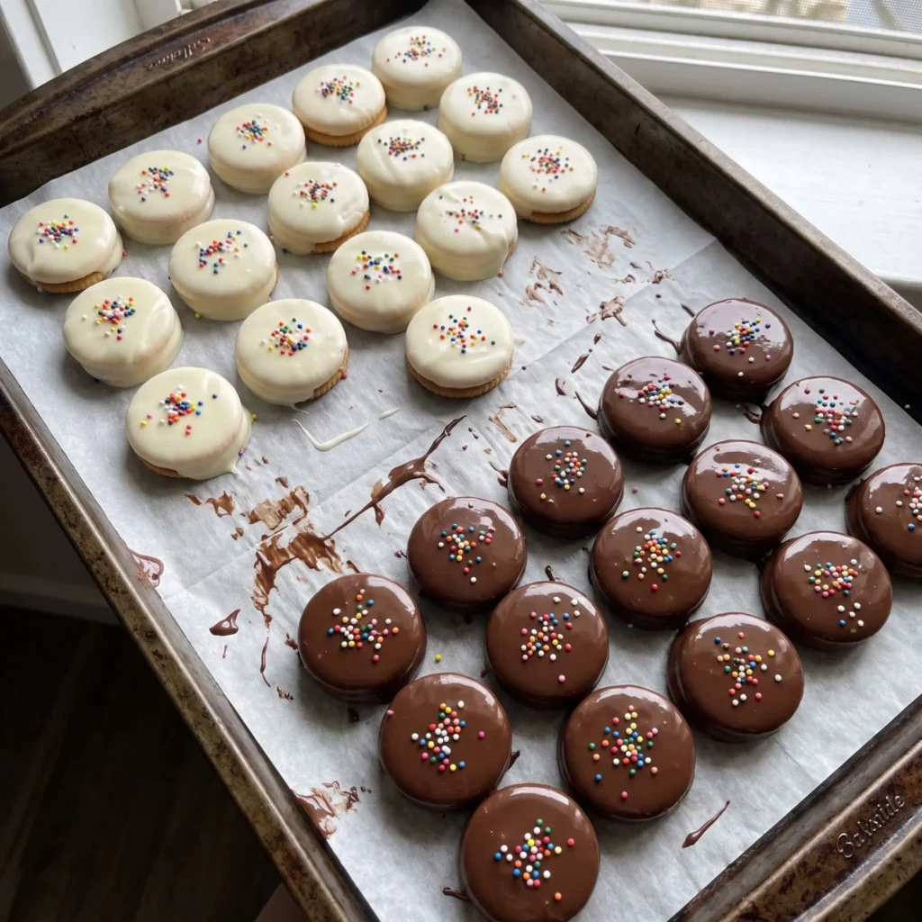 Ritz Cracker Cookies dipped in white and dark chocolate topped with sprinkles on a plate