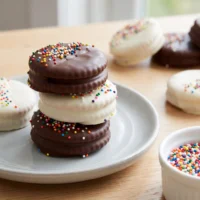 Ritz Cracker Cookies dipped in white and dark chocolate topped with sprinkles on a plate