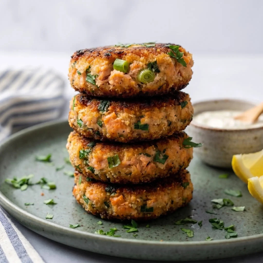 Golden pan-fried Salmon Croquettes on a plate with lemon wedges and fresh parsley
