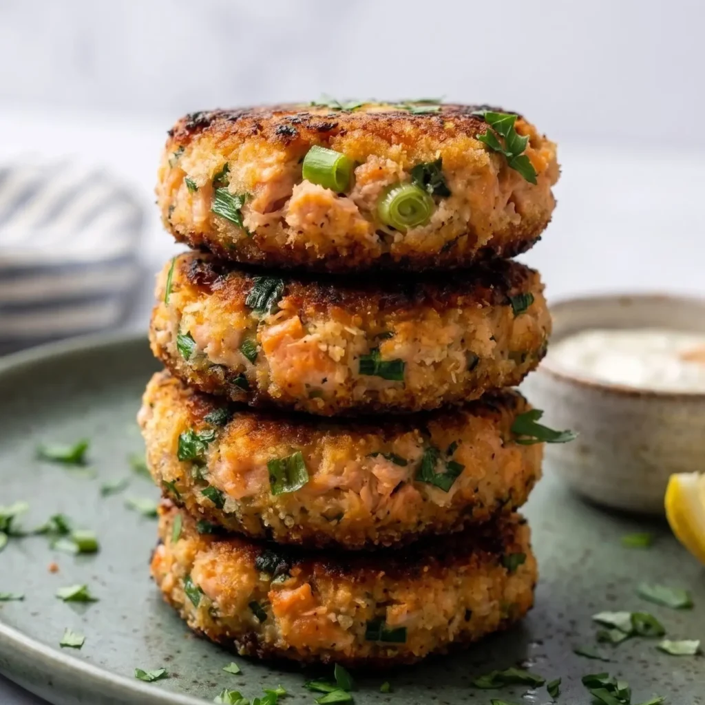 Golden pan-fried Salmon Croquettes on a plate with lemon wedges and fresh parsley