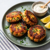 Golden pan-fried Salmon Croquettes on a plate with lemon wedges and fresh parsley