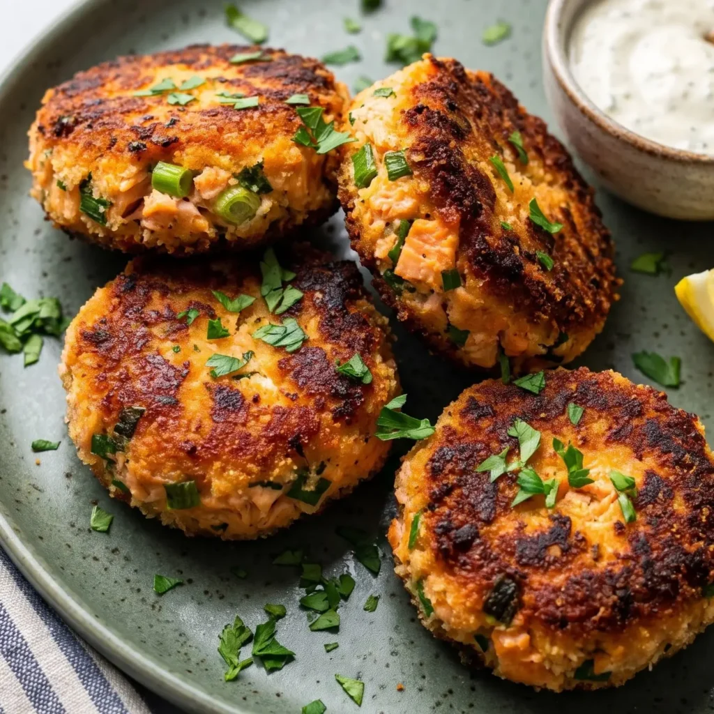 Golden pan-fried Salmon Croquettes on a plate with lemon wedges and fresh parsley