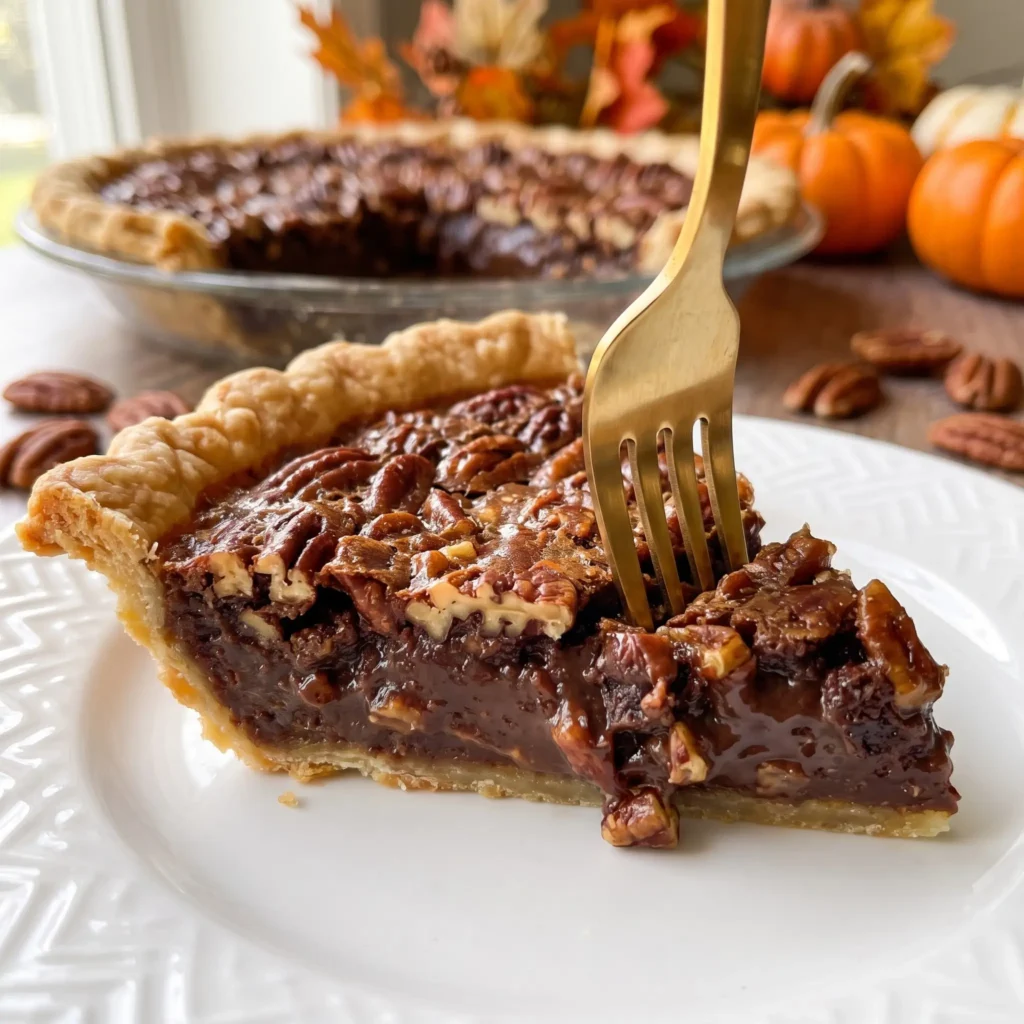 Slice cut from a Texas Chocolate Pecan Pie showing the gooey chocolate pecan filling
