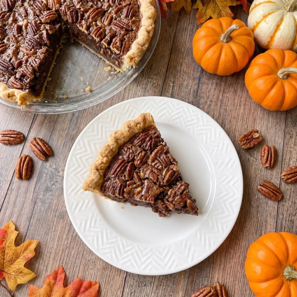 Slice cut from a Texas Chocolate Pecan Pie showing the gooey chocolate pecan filling