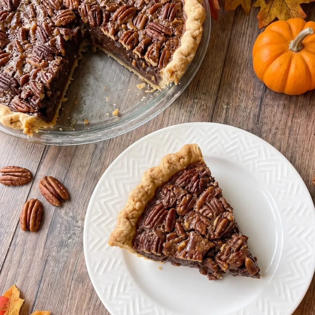 Slice cut from a Texas Chocolate Pecan Pie showing the gooey chocolate pecan filling