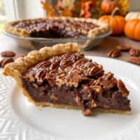 Slice cut from a Texas Chocolate Pecan Pie showing the gooey chocolate pecan filling