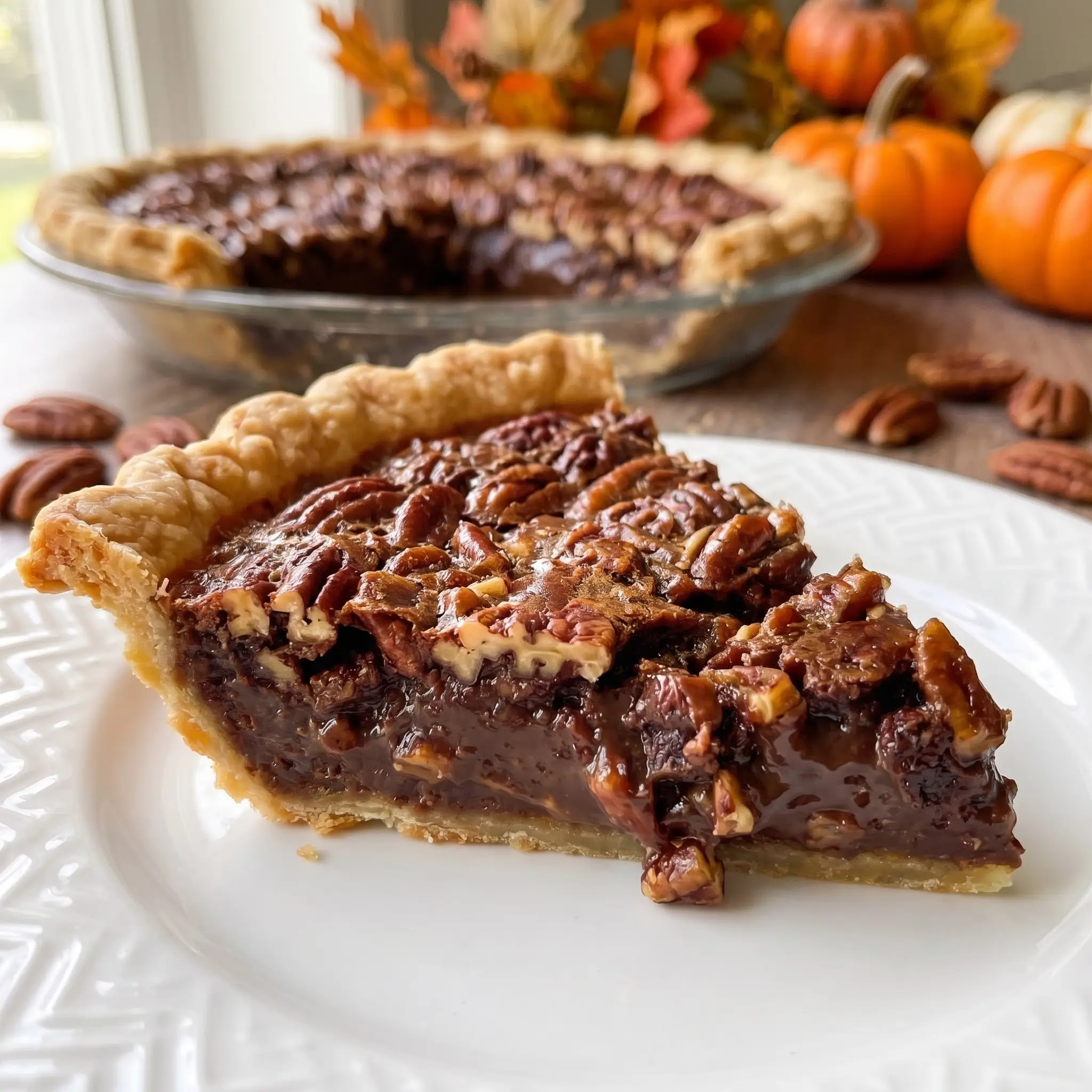 Slice cut from a Texas Chocolate Pecan Pie showing the gooey chocolate pecan filling