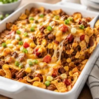 Delicious walking taco casserole with ground beef, cheese, and Fritos.