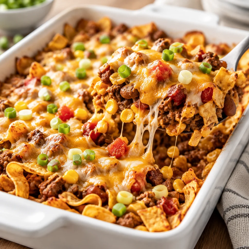 Delicious walking taco casserole with ground beef, cheese, and Fritos.